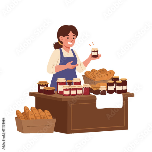 A vibrant flat 2D vector illustration shows a proud rural woman cheerfully presenting her display of fresh homemade goods, including jams and baked bread, at a lively local market stall.