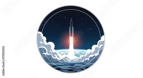 Powerful rocket launching into starry night sky, ascending above clouds and ocean