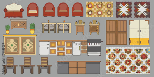 Collection of cartoon style furniture and home decor elements for interior design projects