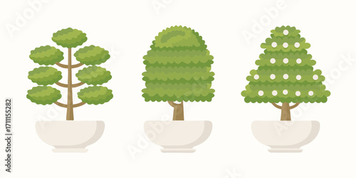 Three stylized potted green trees with different shapes and textures on a white background