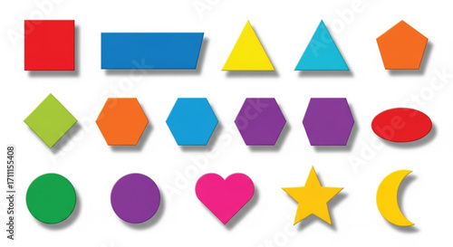 Vibrant collection of diverse geometric shapes and a heart on a clean white background, symbolizing learning and creativity.