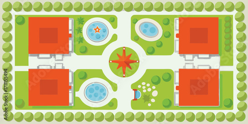 Aerial view of a modern residential complex with orange buildings and green spaces