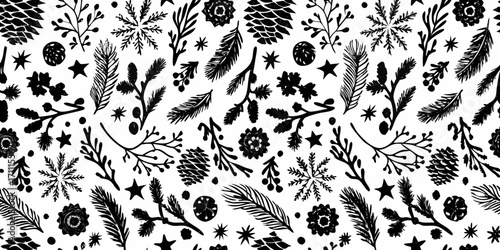 Seamless pattern of black hand drawn winter foliage pine cones snowflakes and stars on white background