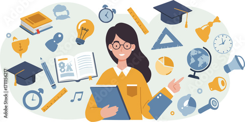 Vector Illustration of Teacher with Knowledge Icons for World Teachers’ Day