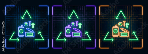 Recycle Metal icon symbol icon illustration, ecology green environment vector symbol collection, cyber neon visual, glowing borders frames.