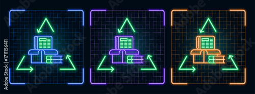 Recycle Paper icon symbol icon illustration, ecology green environment vector symbol collection, cyber neon visual, glowing borders frames.