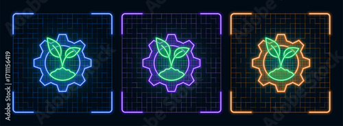 Ecosystem preservation management icon illustration, ecology green environment vector symbol collection, cyber neon visual, glowing borders frames.