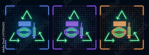Recycle Medical objects symbol icon illustration, ecology green environment vector symbol collection, cyber neon visual, glowing borders frames.