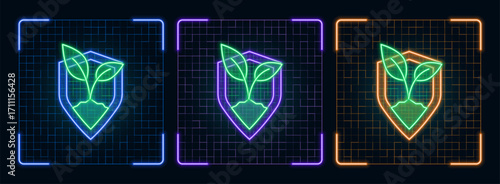 Ecosystem protection icon illustration, ecology green environment vector symbol collection, cyber neon visual, glowing borders frames.