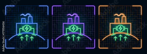 Geothermal energy icon illustration, ecology green environment vector symbol collection, cyber neon visual, glowing borders frames.