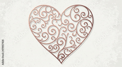 Elegant rose gold heart with intricate swirling filigree pattern on a soft textured background