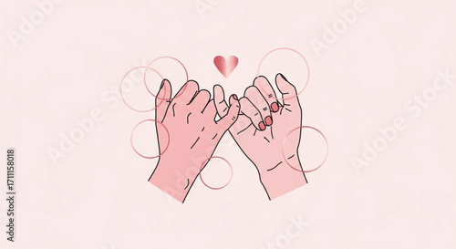 Two hands making a pinky promise with a heart symbol and gentle circles, representing trust and connection.