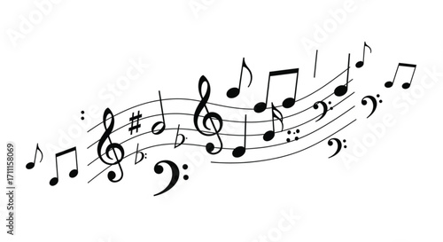 Flowing musical notes and clefs create a dynamic abstract melody on a white background.