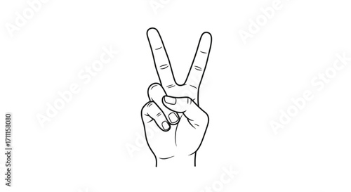 Hand showing victory sign with two fingers raised against white background, symbol of peace and success