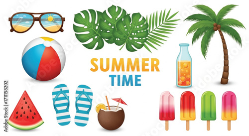 Vibrant collection of summer icons including sunglasses, beach ball, tropical leaves, and refreshing treats.