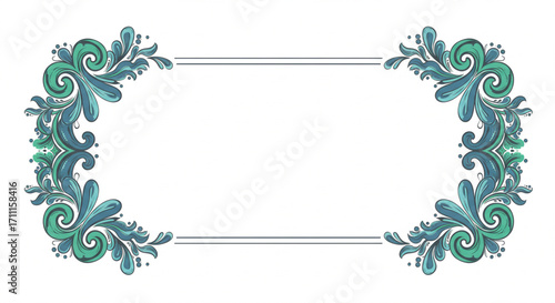 Elegant vector frame with ornate teal and blue swirl decorations, a symmetrical banner design element isolated on a white background