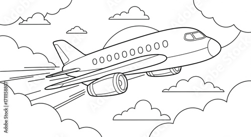 Line art illustration of an airplane soaring through a cloudy sky, conveying a sense of travel and adventure.