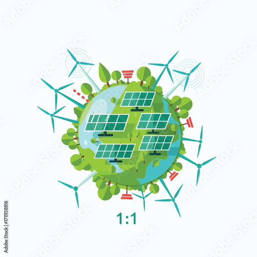 Global sustainability concept with a green planet powered by renewable solar panels and wind turbines
