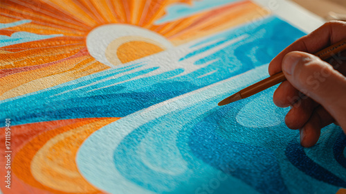 Painters Hand Adding Final Details to Vibrant Seascape Painting.
