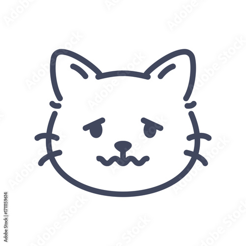 Nauseous line art cat emoji icon. Cute cartoon kitten face with sick and uncomfortable expression.