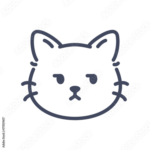 Annoyed line art cat emoji icon. Cute cartoon kitten face with displeased expression.