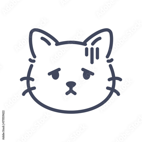 Sick line art cat emoji icon. Cute cartoon kitten face with ill expression.