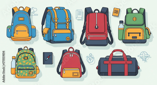 Collection of colorful backpacks and a duffel bag, ready for adventure and travel