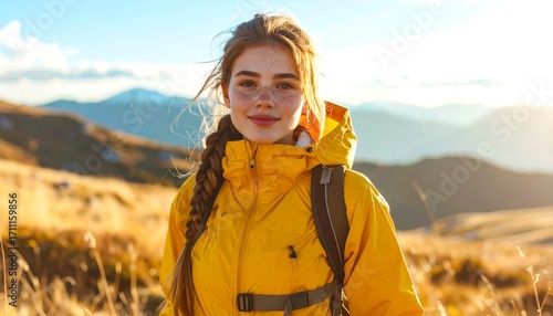 A smiling young woman with a braid and freckles wearing a yellow jacket hikes in the mountains at sunset