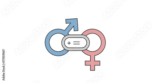 Gender symbols linked by a plus and equal sign, representing equality and connection.