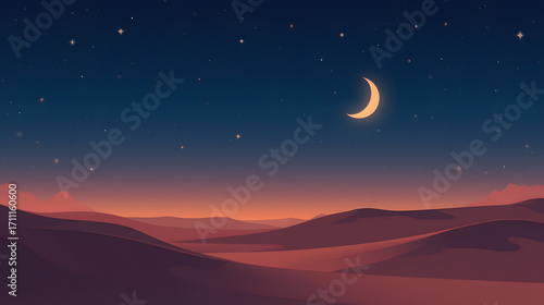 Flat vector art of night desert with crescent moon