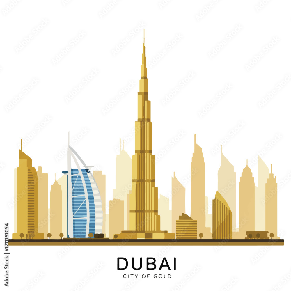 Obraz premium Vintage-style illustration of a T-Rex in a cityscape, with a gold-toned Dubai skyline and a cityscape silhouette.