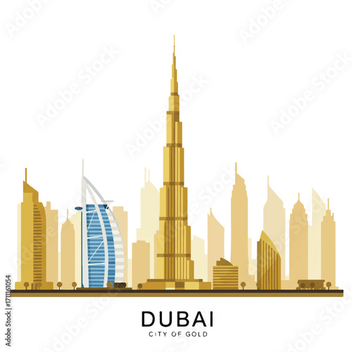 Vintage-style illustration of a T-Rex in a cityscape, with a gold-toned Dubai skyline and a cityscape silhouette.