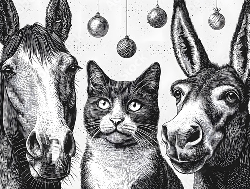 Close-up of horse cat and donkey heads detailed illustration.