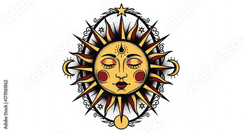 Mystical sun with eyes closed, surrounded by celestial elements and ornate details, symbolizing cosmic energy and tranquility.