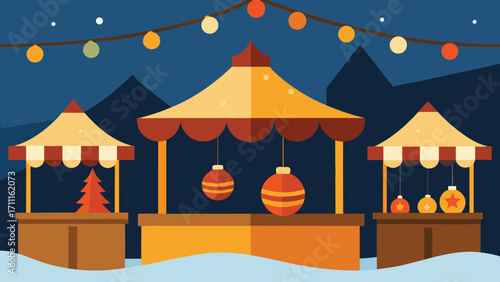 Handcrafted christmas ornaments in a snowy german village scene