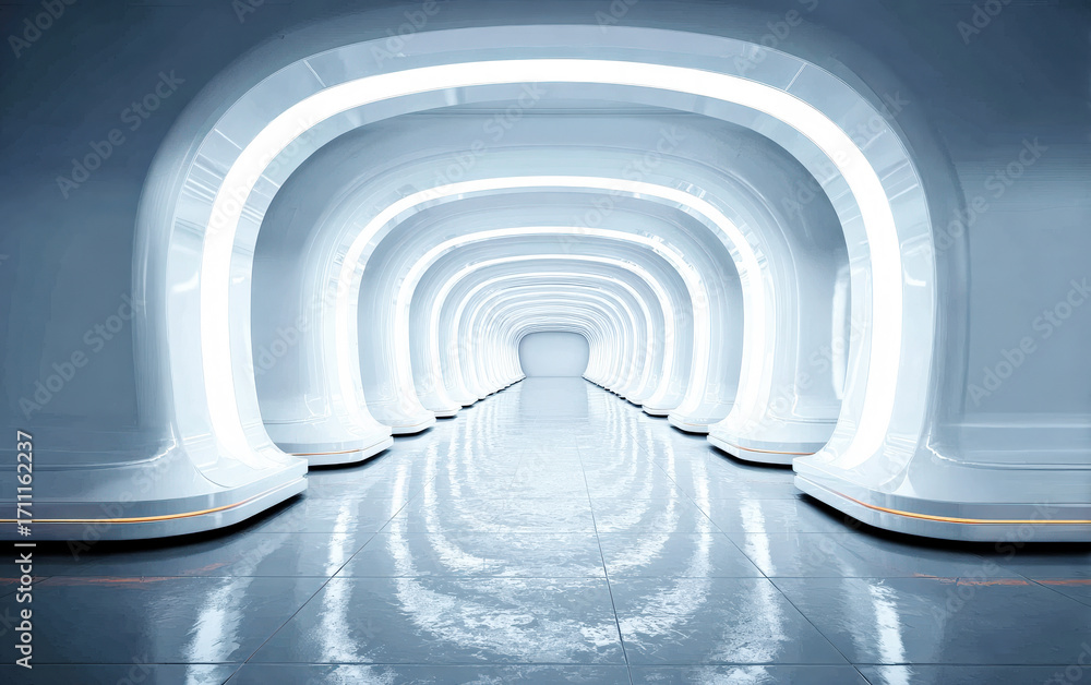 Fototapeta premium Futuristic tunnel with glowing arches and reflective floor