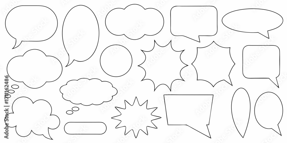 Obraz premium Collection of diverse blank speech bubbles and thought clouds in various shapes and styles for communication and ideas