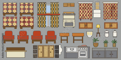 Collection of mid century modern furniture and home decor elements in a flat design style