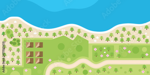 Flat design aerial view of a coastal landscape with trees fields and ocean