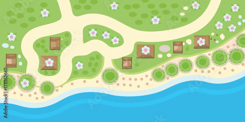 Charming cartoon aerial view of a coastal village with houses paths and blooming flowers