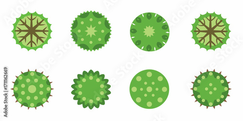 Collection of stylized green trees viewed from above in a top down perspective