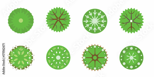 Collection of eight stylized green tree top view icons with brown branches and varied leaf patterns