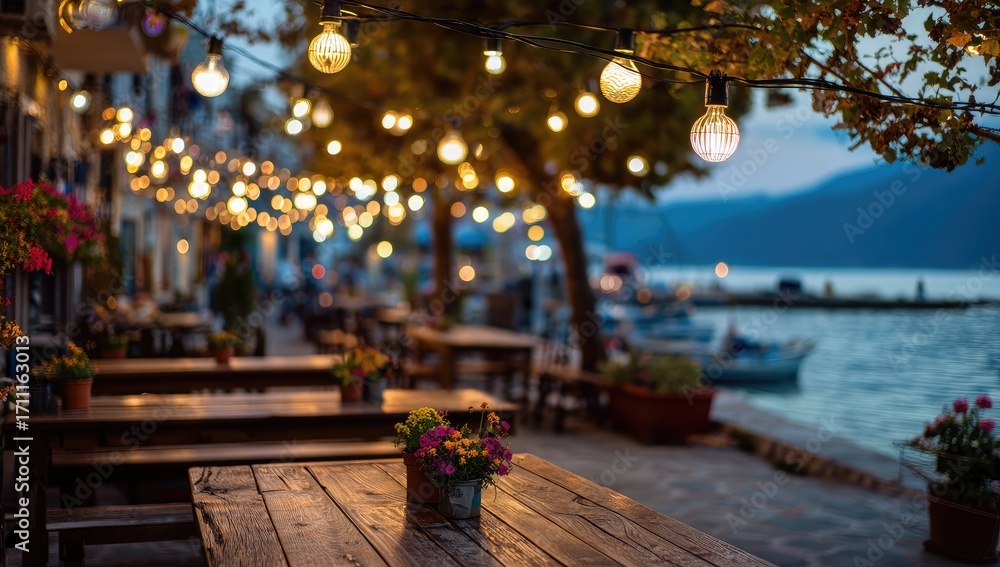 Naklejka premium Charming waterfront restaurant terrace illuminated by warm string lights at dusk.