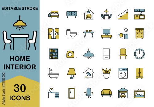Home Interior Icon Set. – Includes furniture , home appliances, kitchen and bathroom. Editable stroke. Colored vector illustration.