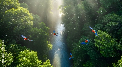 Vibrant Macaws Soar Above a Sunlit Amazonian Rainforest River