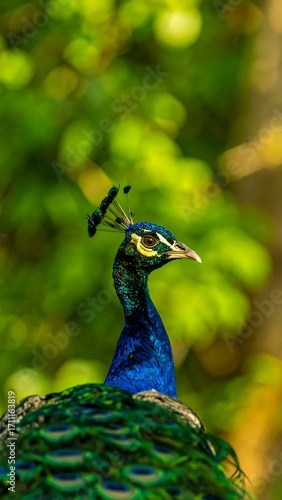Wallpaper Mural Close-up of peacock's head and upper body, vibrant colors,  green & blue plumage, bokeh background Torontodigital.ca
