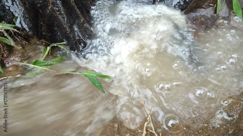 Rushing Stream: Up-close shot of water gushing through an unseen crevice, capturing the powerful movement and texture of the water
