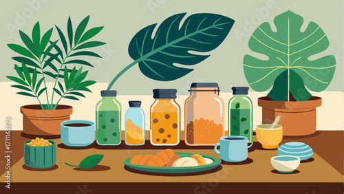 A kitchen with a rustic wooden table tropical leaf inspired plates and a collection of vintage glass jars filled with colorful es.