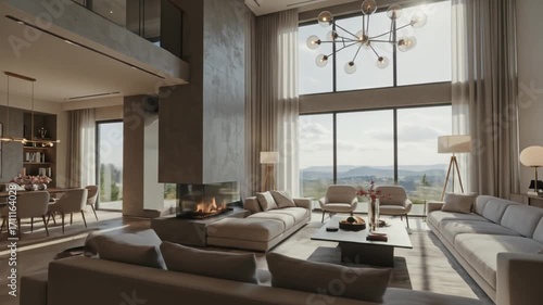Luxurious Modern Living Room with Panoramic Views and Fireplace.