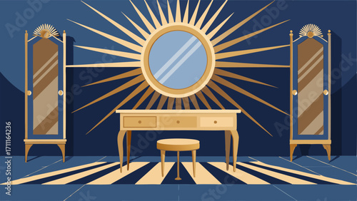 A gl dressing room with a mirrored vanity a gold sunburst mirror and a patterned rug in shades of gold and navy.